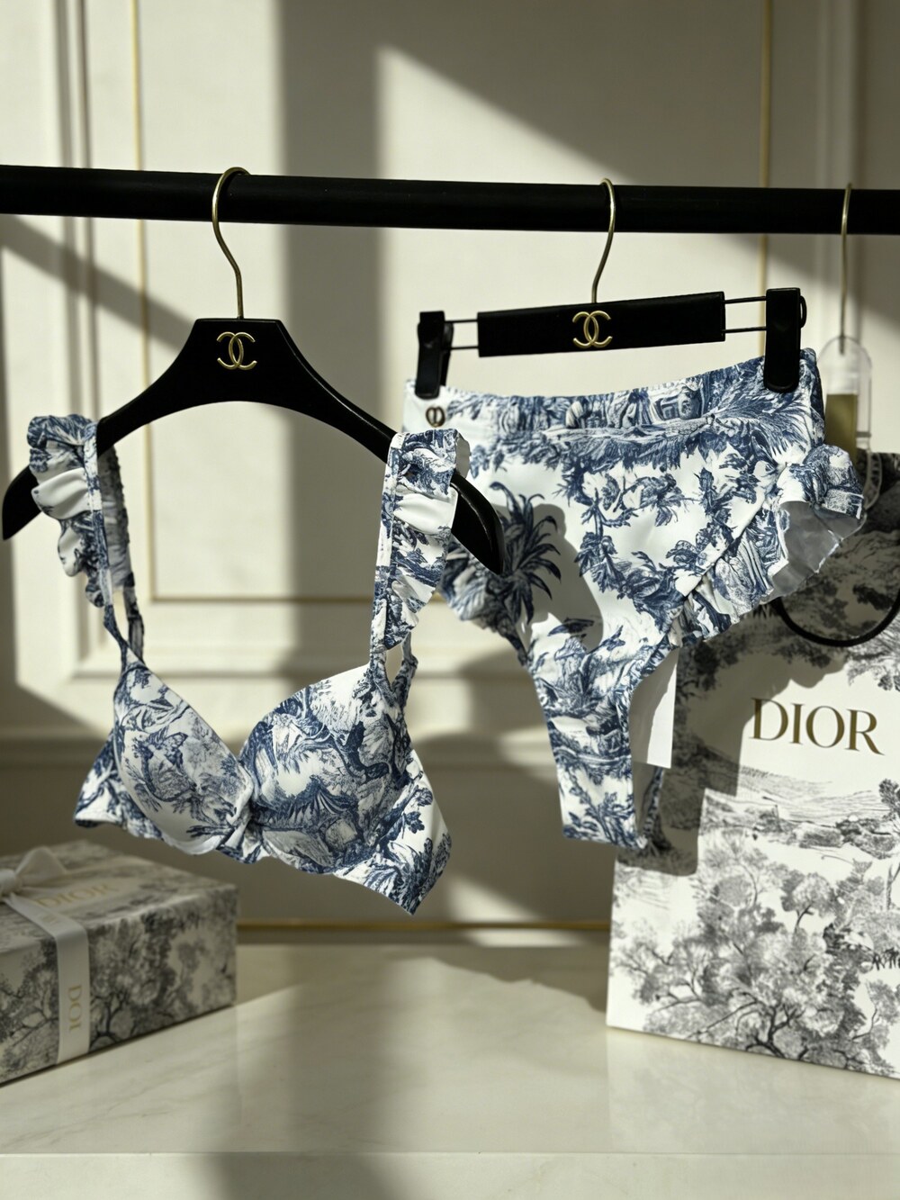 Dior Blue Toile de Jouy Ruffled Bikini Set